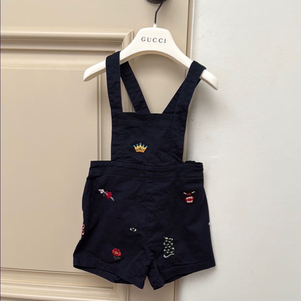 Gucci Kids Navy Blue Embroidered Overalls